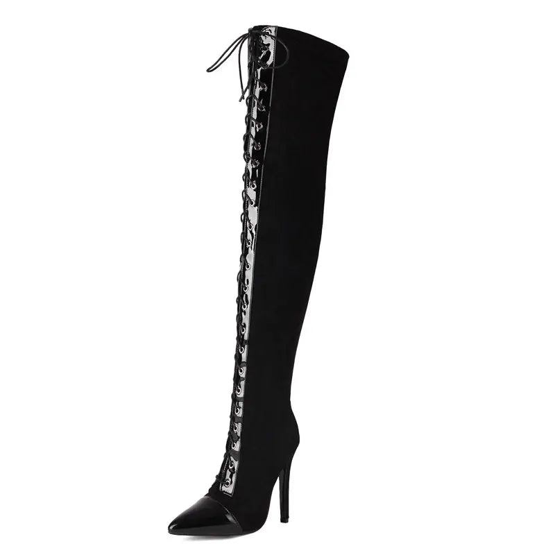 Echtes Leder Overknee Stiefel Spitzzehe Dünne High Heels 11.5 cm Reißverschluss Schnürung - Mattschwarz