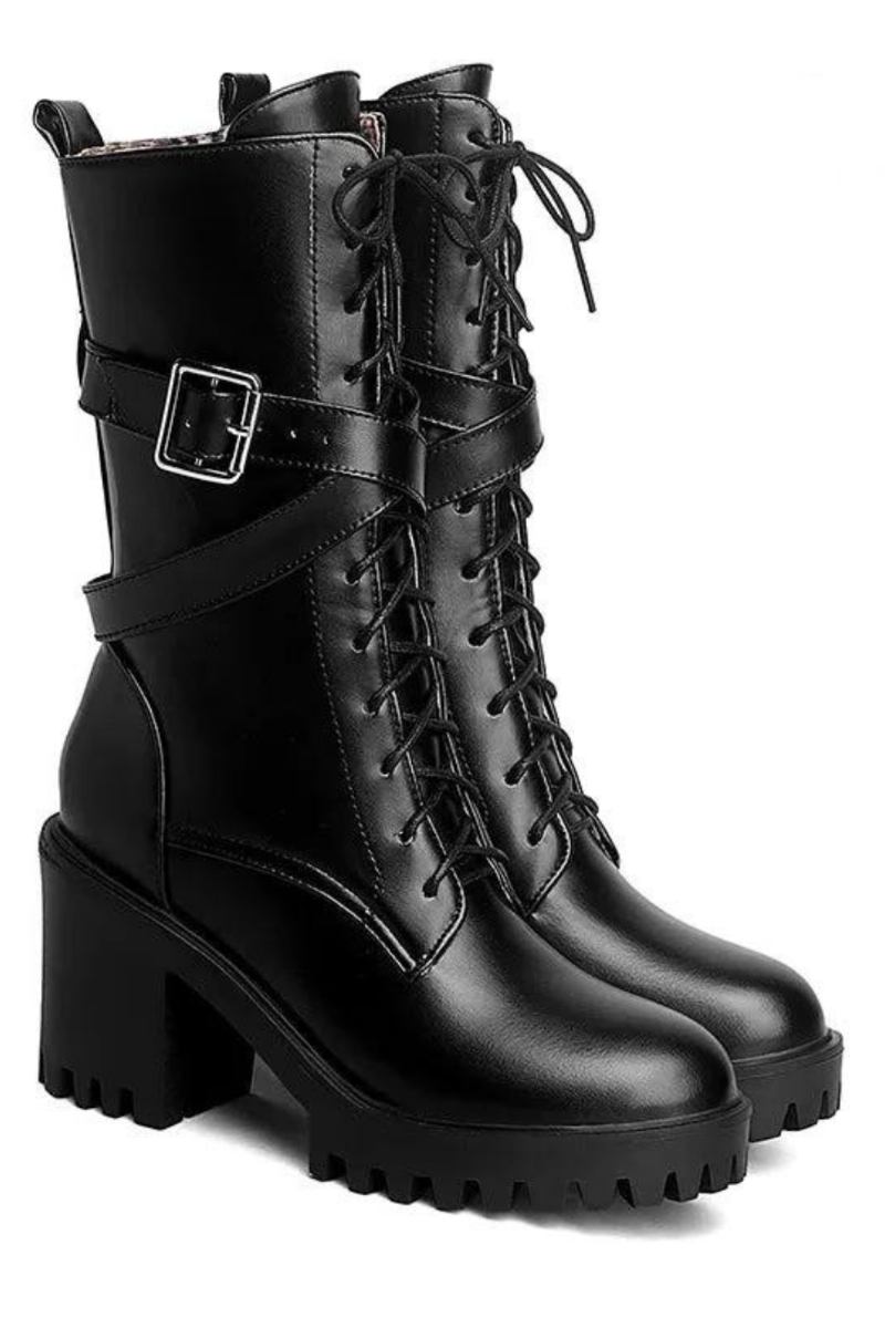 Halbhohe Stiefel Für Damen Runde Spitze Dicke Plateauschuhe Mit Hohem Absatz Weiches Leder Punk-motorradstiefel Für