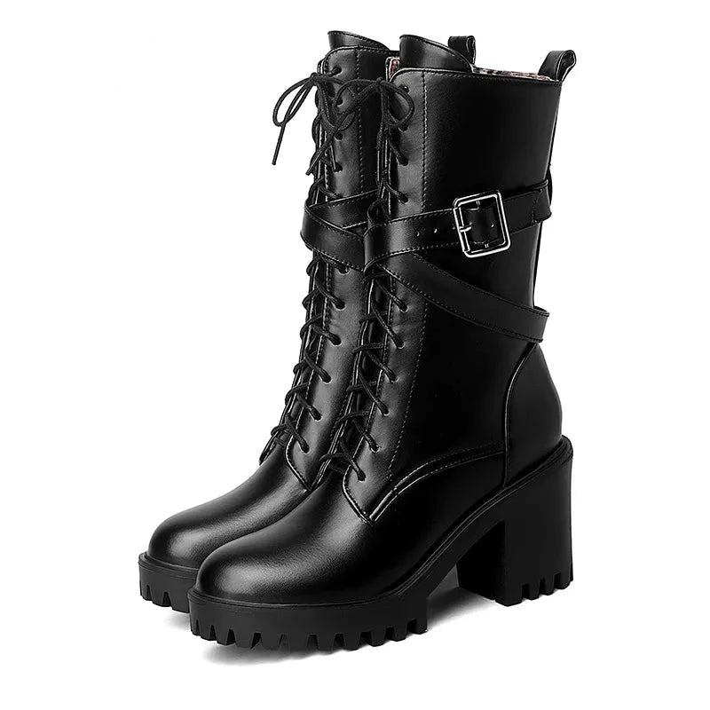 Halbhohe Stiefel Für Damen Runde Spitze Dicke Plateauschuhe Mit Hohem Absatz Weiches Leder Punk-motorradstiefel Für - Schwarz