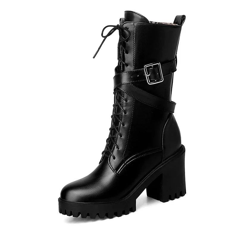 Halbhohe Stiefel Für Damen Runde Spitze Dicke Plateauschuhe Mit Hohem Absatz Weiches Leder Punk-motorradstiefel Für - Schwarz