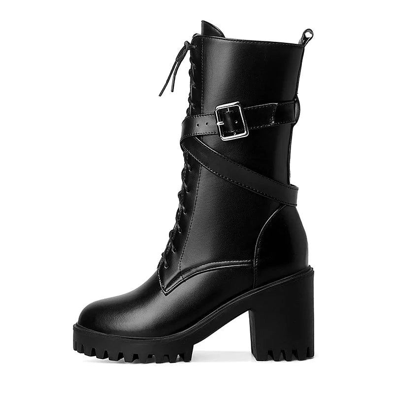 Halbhohe Stiefel Für Damen Runde Spitze Dicke Plateauschuhe Mit Hohem Absatz Weiches Leder Punk-motorradstiefel Für - Schwarz