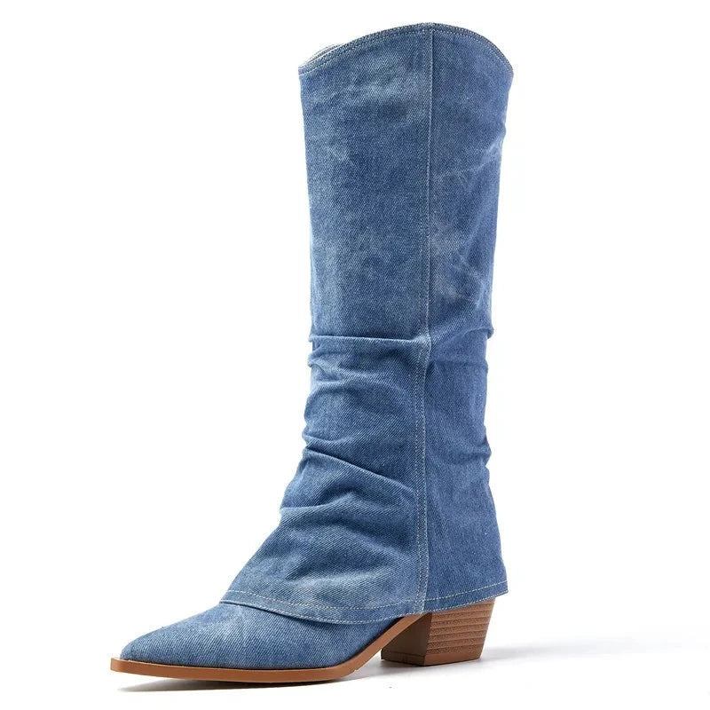 Halbhohe Stiefel Spitz Zulaufende Winterstiefel Damen Dicke High Heels Westernstiefel - Blau