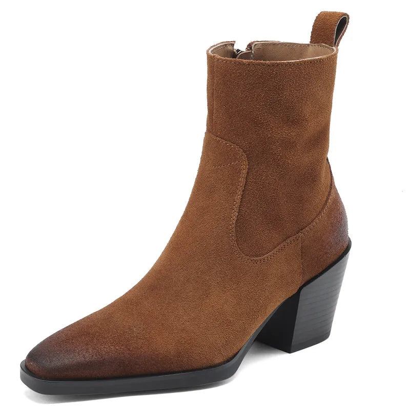 Handgefertigte Stiefeletten Aus Leder Für Damen Quadratische High Heels Herbststiefel Für - braun