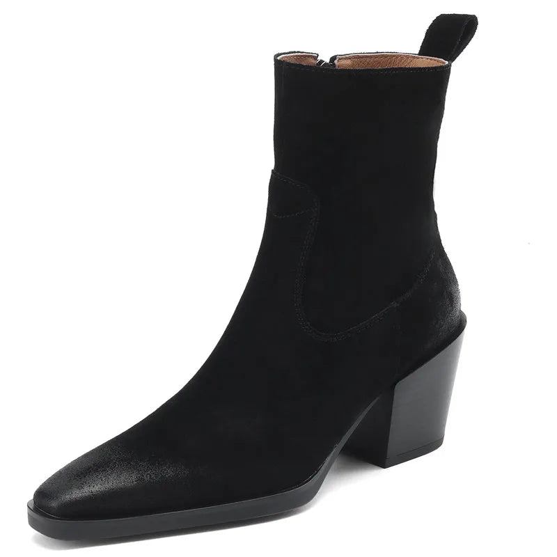 Handgefertigte Stiefeletten Aus Leder Für Damen Quadratische High Heels Herbststiefel Für - braun