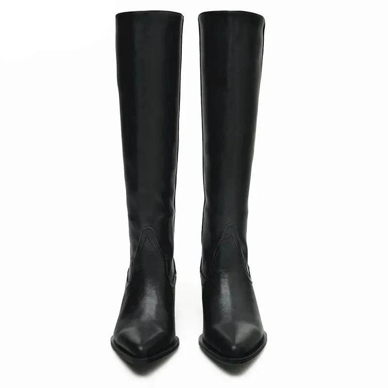 Herbst/winter Damen-kniestiefel High Heels Retro Lange Westernstiefel Trendige Spitze Damenstiefel - Schwarz