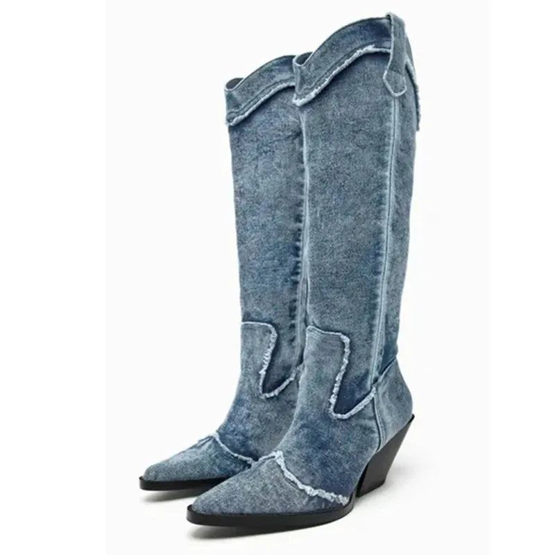 Jeansstiefel Für Damen Hohe Stiefel Kristallfransen Absätze Luxusschuhe Retro-chelsea-stiefel Für - Dunkelgrau