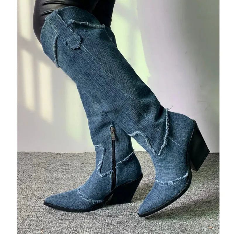 Jeansstiefel Für Damen Hohe Stiefel Kristallfransen Absätze Luxusschuhe Retro-chelsea-stiefel Für - Dunkelgrau