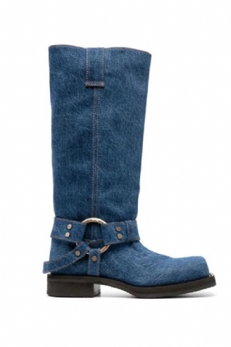 Jeansstiefel Mit Quadratischer Zehenpartie Für Damen Star-stil Niedriger Absatz Luxusschuhe Für Stiefel