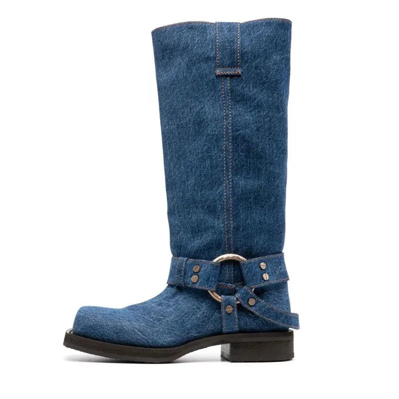 Jeansstiefel Mit Quadratischer Zehenpartie Für Damen Star-stil Niedriger Absatz Luxusschuhe Für Stiefel - Blau