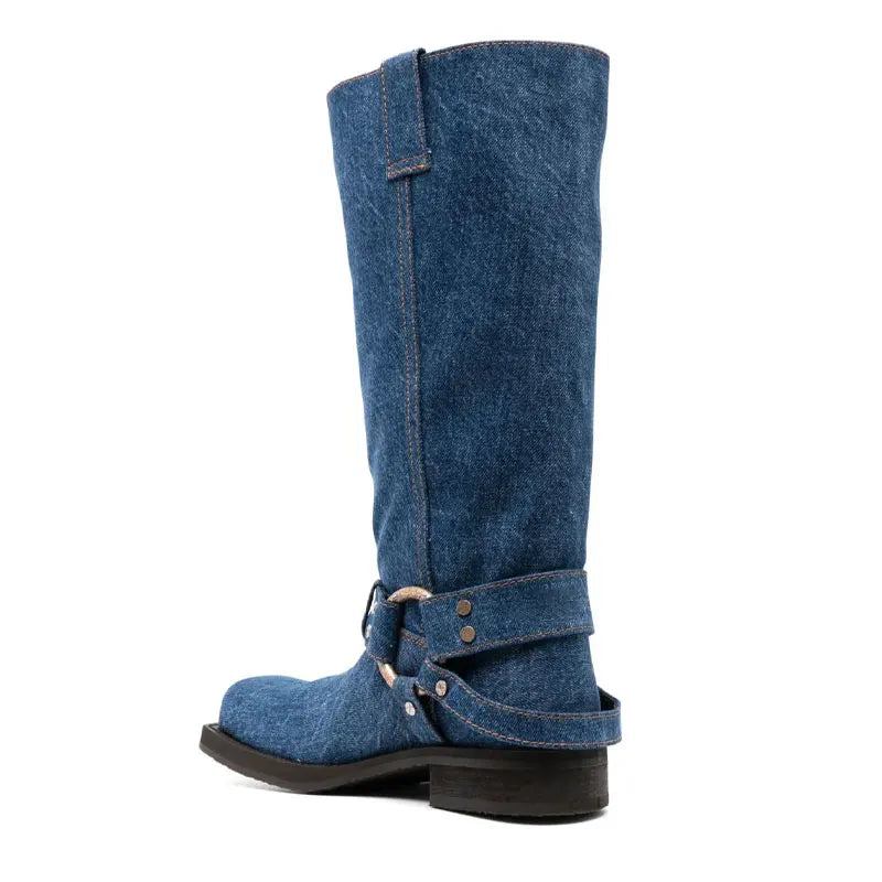 Jeansstiefel Mit Quadratischer Zehenpartie Für Damen Star-stil Niedriger Absatz Luxusschuhe Für Stiefel - Blau