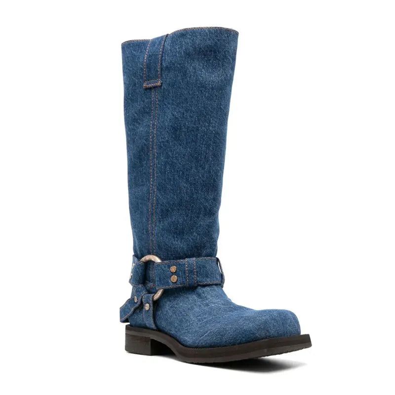 Jeansstiefel Mit Quadratischer Zehenpartie Für Damen Star-stil Niedriger Absatz Luxusschuhe Für Stiefel - Blau