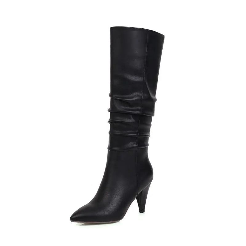 Kniehohe Stiefel Für Damen Faltbare Westernstiefel Lange Winterstiefel Spitze Zehen Absätze - Schwarz