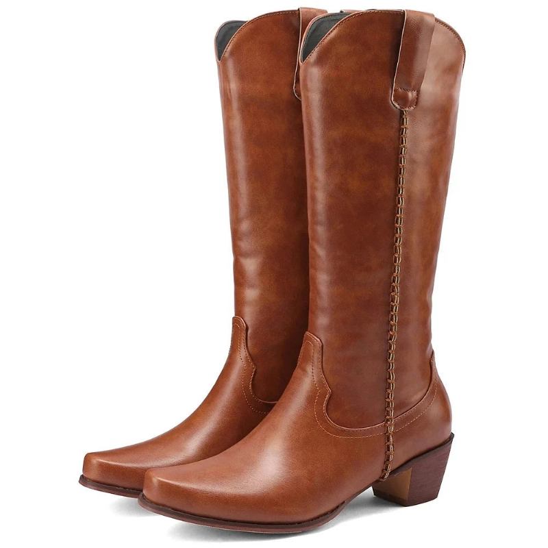 Kniehohe Stiefel Für Damen Frühling/herbst Lederschuhe Für Western Britischer Stil Spitze Zehenpartie - Schwarz