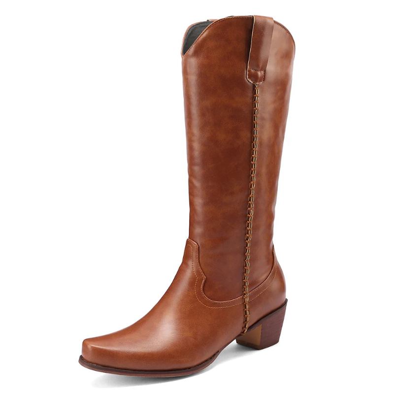 Kniehohe Stiefel Für Damen Frühling/herbst Lederschuhe Für Western Britischer Stil Spitze Zehenpartie - Schwarz