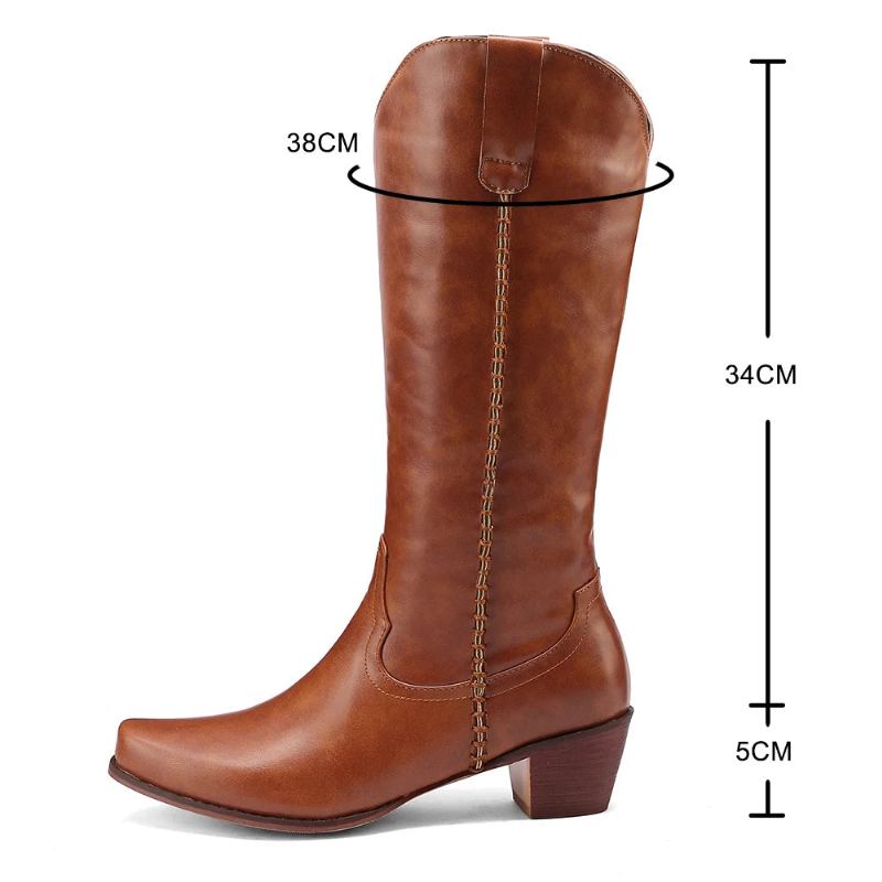 Kniehohe Stiefel Für Damen Frühling/herbst Lederschuhe Für Western Britischer Stil Spitze Zehenpartie - Schwarz