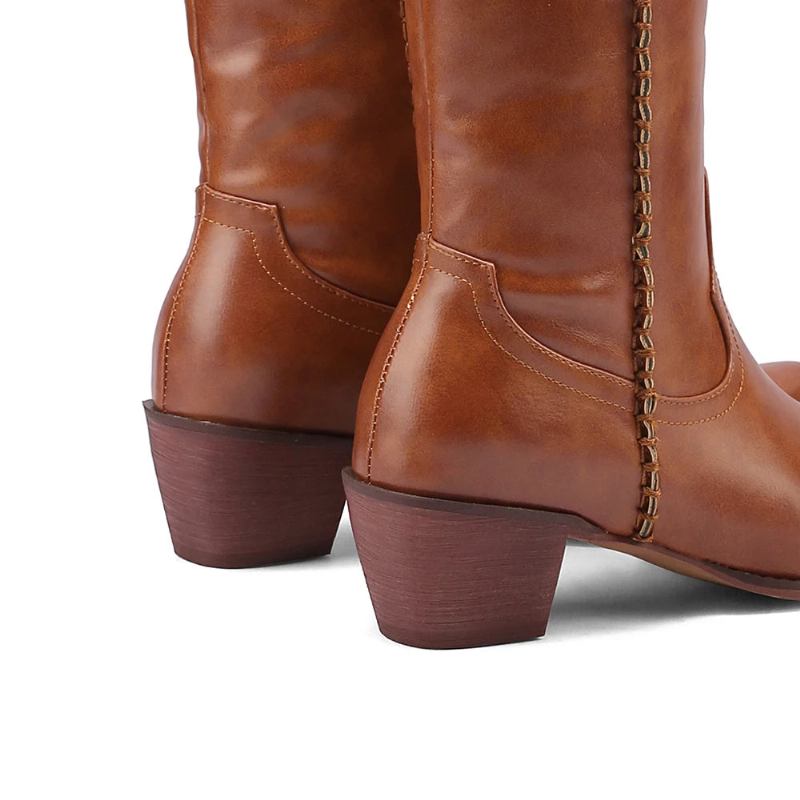 Kniehohe Stiefel Für Damen Frühling/herbst Lederschuhe Für Western Britischer Stil Spitze Zehenpartie - Schwarz