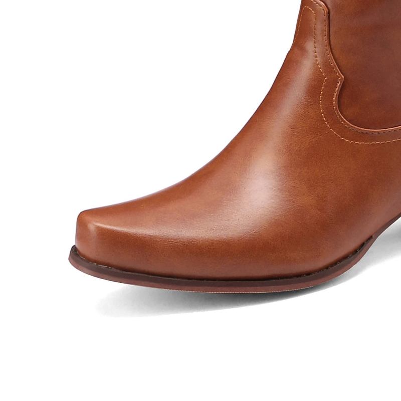 Kniehohe Stiefel Für Damen Frühling/herbst Lederschuhe Für Western Britischer Stil Spitze Zehenpartie - Schwarz