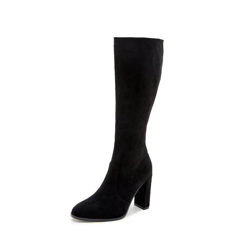 Kniehohe Stiefel Für Damen Winter Wildleder Seitlicher Reißverschluss Klobige Mit Hohem Absatz Sexy Schuhe Hohe - Schwarz