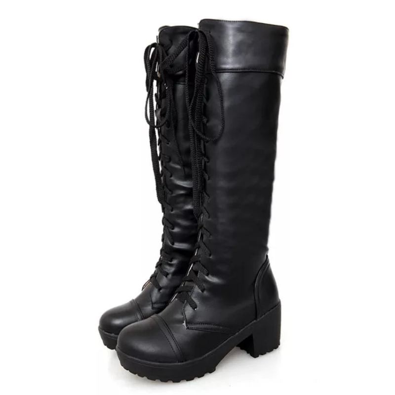 Kniehohe Stiefel Mit Schnürung Für Damen Herbst Weiches Leder Quadratischer Absatz Damenschuhe Winter - Schwarz