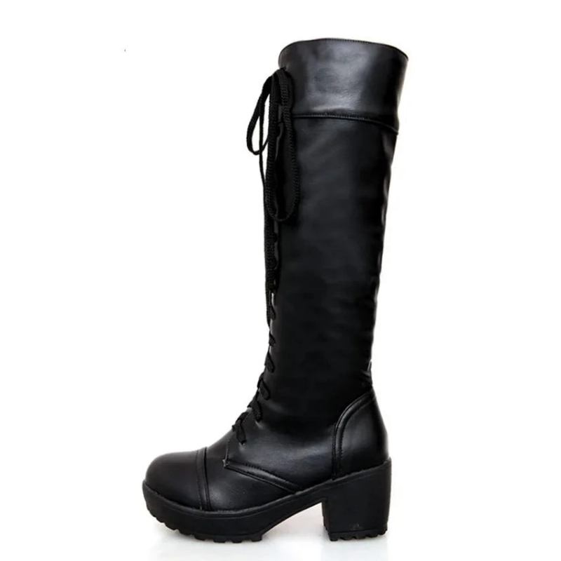 Kniehohe Stiefel Mit Schnürung Für Damen Herbst Weiches Leder Quadratischer Absatz Damenschuhe Winter - Schwarz