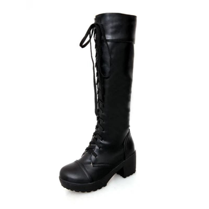 Kniehohe Stiefel Mit Schnürung Für Damen Herbst Weiches Leder Quadratischer Absatz Damenschuhe Winter - Schwarz