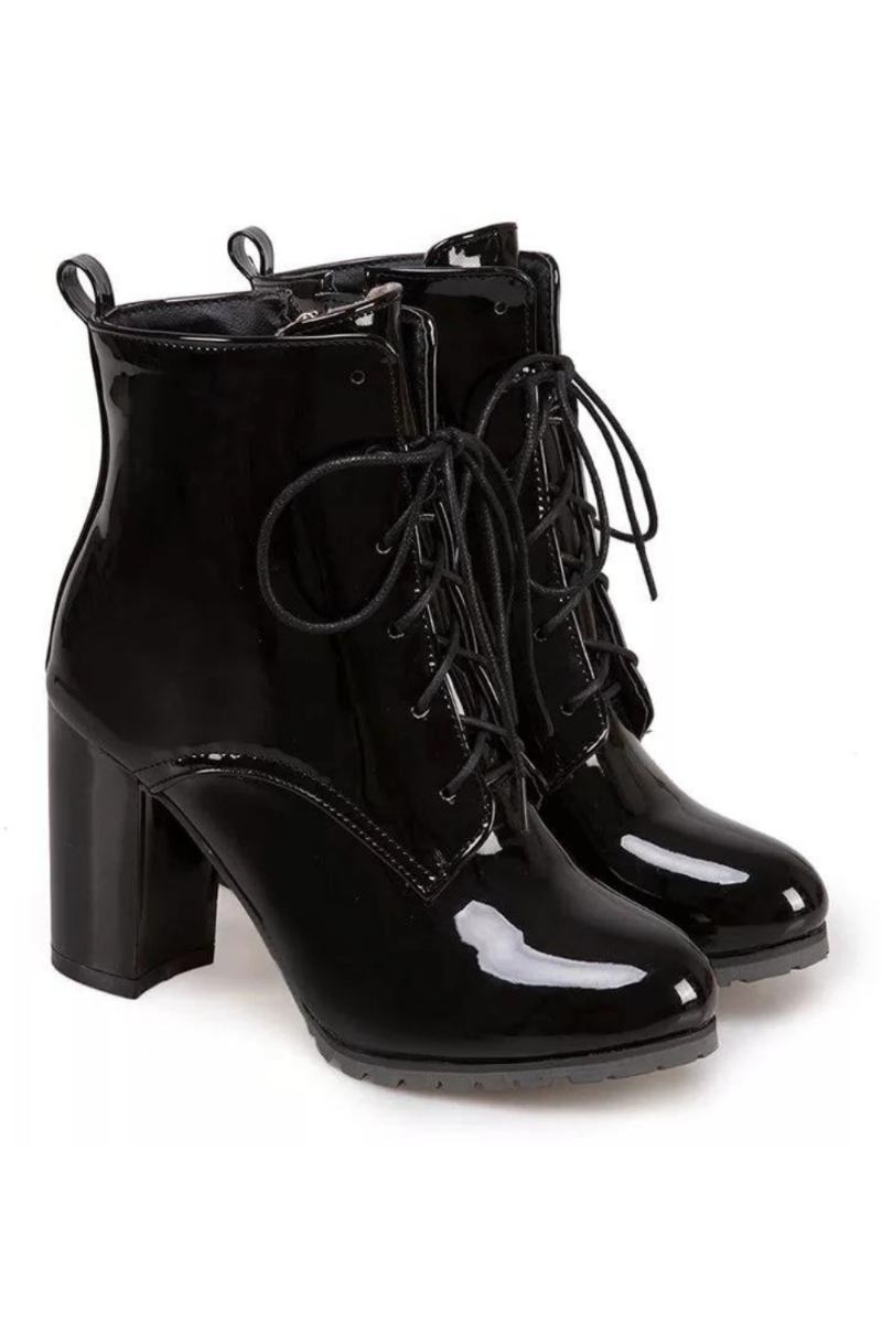 Lederstiefel Für Damen High Heels Mit Schnürung Frühling Herbst Schwarze Schuhe Damenstiefeletten