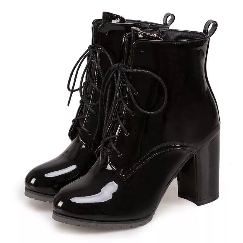 Lederstiefel Für Damen High Heels Mit Schnürung Frühling Herbst Schwarze Schuhe Damenstiefeletten - Schwarz