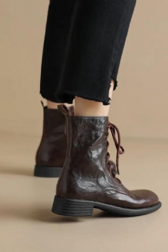 Retro Kreuzgebundene Damen Stiefeletten Dicke Niedrige Absätze Echtes Leder Reißverschluss Schuhe Herbst Winter