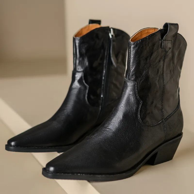 Retrostiefeletten Für Damen Leder Winterschuhe Niedrige Absätze Kurze Motorradstiefel - schwarz