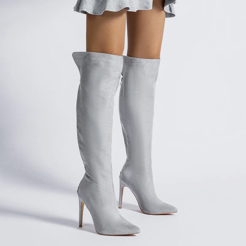 Sexy Overknee-stiefel Für Damen Herbst-winter Wildleder Spitze Zehenpartie Stiletto-stiefel Partykleid - Grau