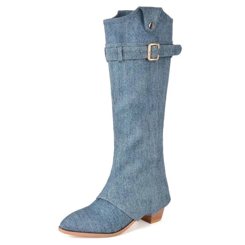 Spitze Denim-winterstiefel Zum Hineinschlüpfen Quadratische High Heels Schnallenstiefel Top Sale Damen Kniehohe Stiefel Mit Falten - Blau