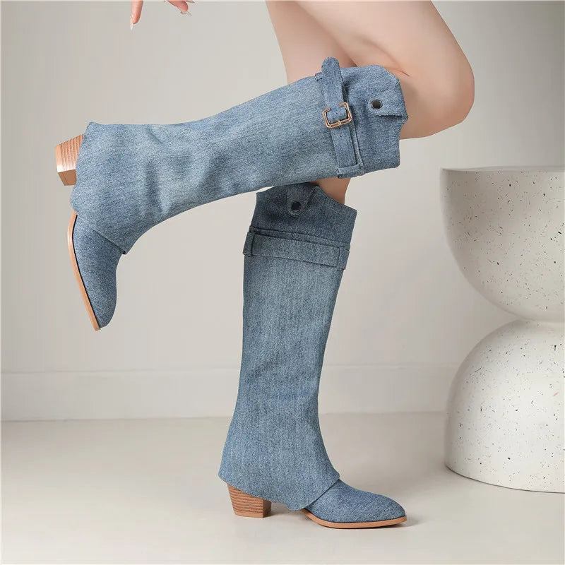 Spitze Denim-winterstiefel Zum Hineinschlüpfen Quadratische High Heels Schnallenstiefel Top Sale Damen Kniehohe Stiefel Mit Falten - Blau