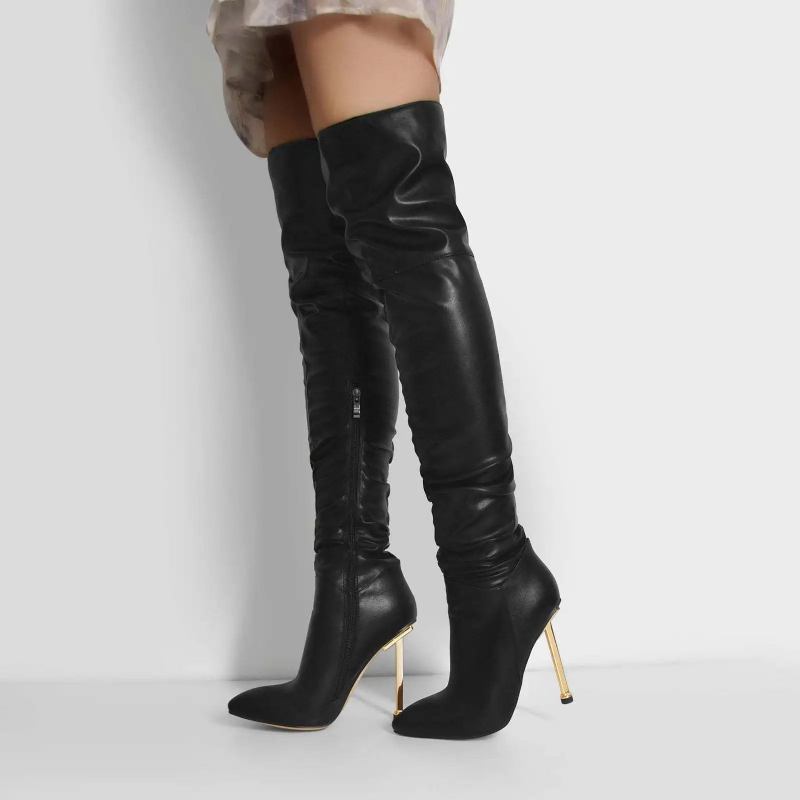 Spitze Dünne Hohe Overknee-stiefel Für Damen Schwarze Stilettos Winter Lange Stiefel Schuhe Solide - schwarz