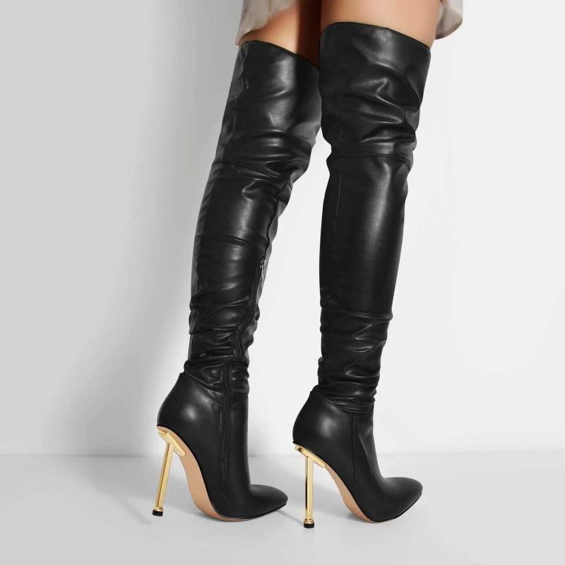 Spitze Dünne Hohe Overknee-stiefel Für Damen Schwarze Stilettos Winter Lange Stiefel Schuhe Solide - schwarz