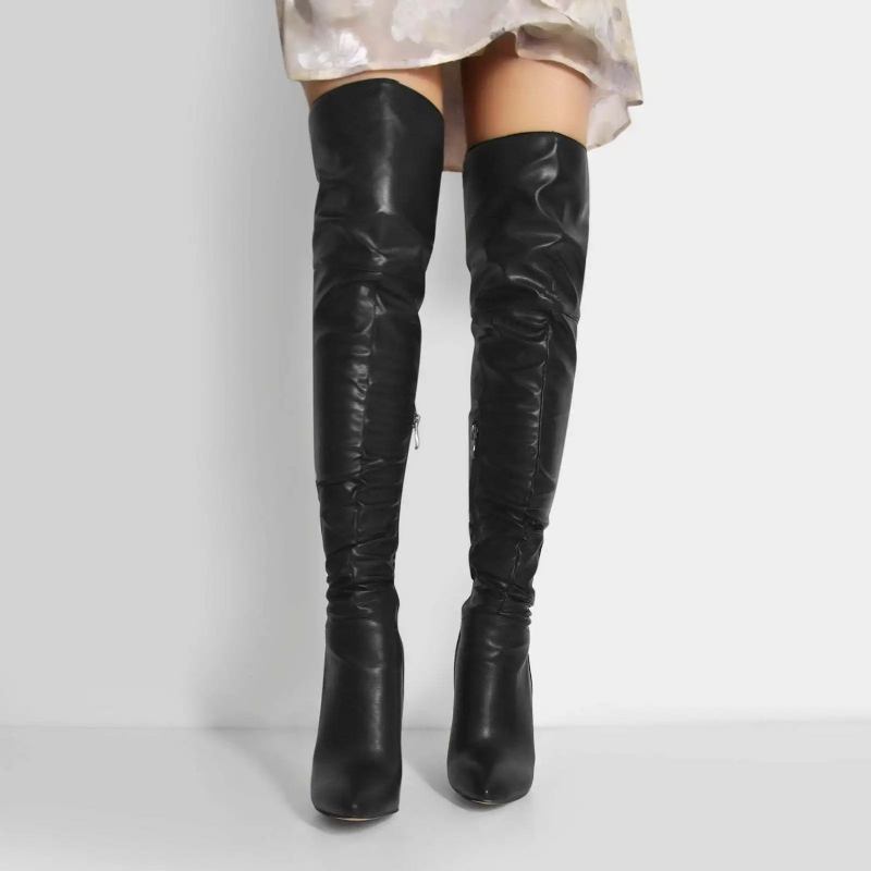 Spitze Dünne Hohe Overknee-stiefel Für Damen Schwarze Stilettos Winter Lange Stiefel Schuhe Solide - schwarz