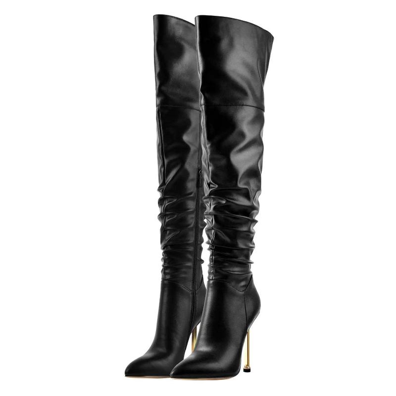 Spitze Dünne Hohe Overknee-stiefel Für Damen Schwarze Stilettos Winter Lange Stiefel Schuhe Solide - schwarz