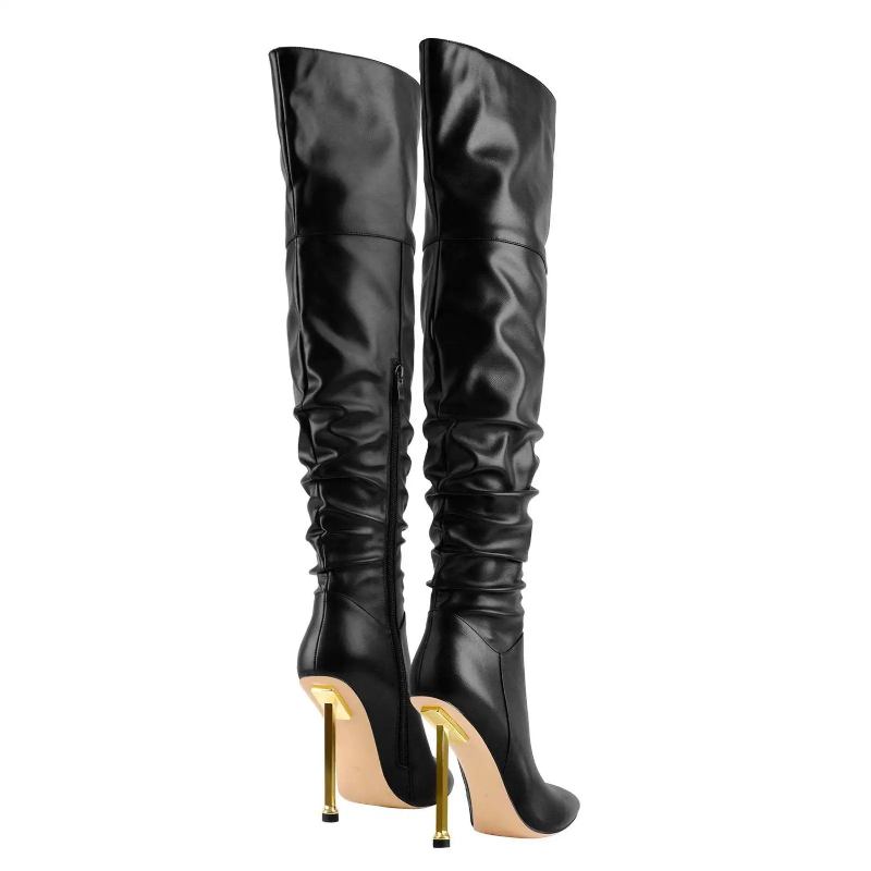 Spitze Dünne Hohe Overknee-stiefel Für Damen Schwarze Stilettos Winter Lange Stiefel Schuhe Solide - schwarz