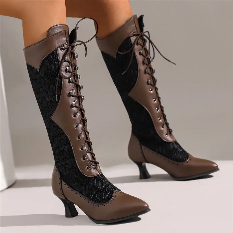 Stiefel Im Vintage-stil Damen Retro Schnürstiefel Mit Spitzer Spitze Niedrige Absätze Für - Schwarz