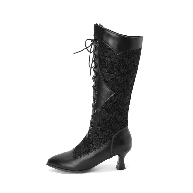 Stiefel Im Vintage-stil Damen Retro Schnürstiefel Mit Spitzer Spitze Niedrige Absätze Für - Schwarz