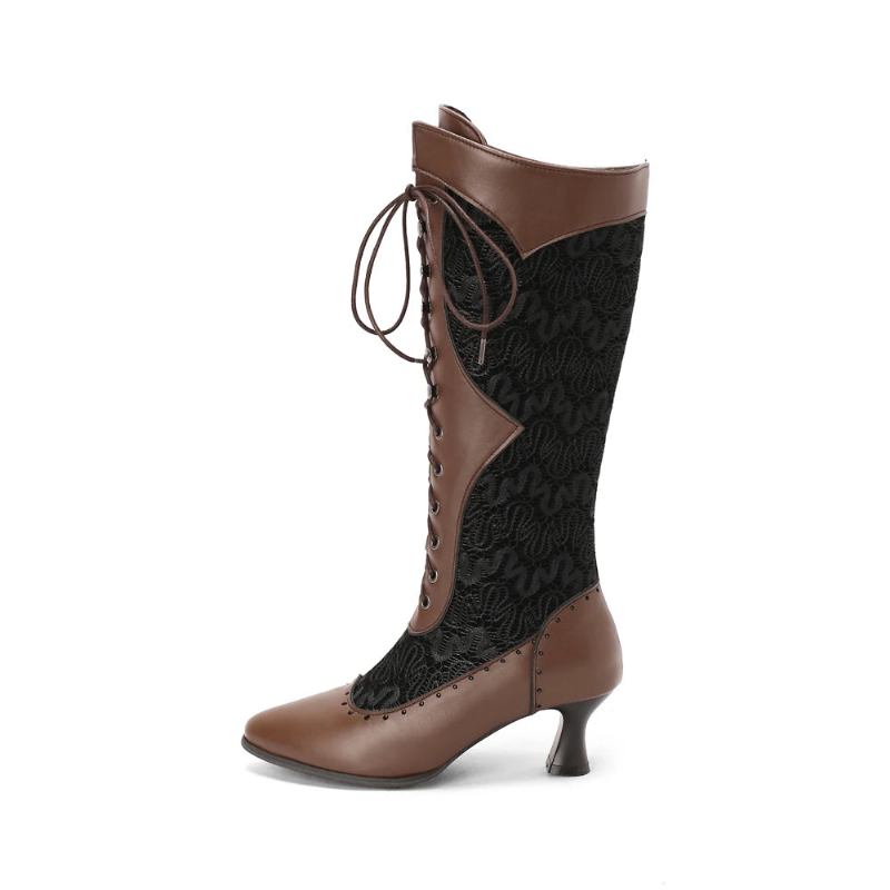 Stiefel Im Vintage-stil Damen Retro Schnürstiefel Mit Spitzer Spitze Niedrige Absätze Für - Schwarz