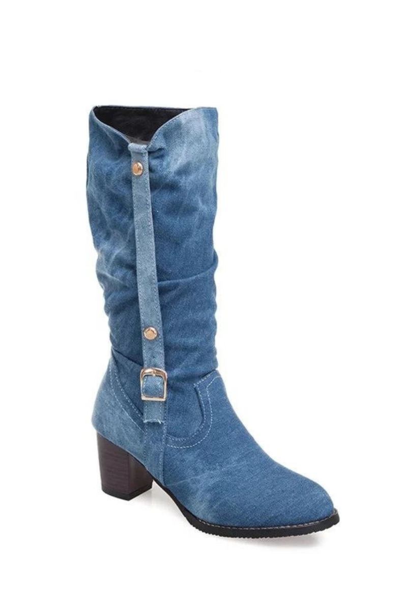 Stiefel Lange Röhre Kurze Winter-jeansstiefel Mit Hohem Absatz Stilvolle Jeansstiefel Für Damen Schnallenriemenschuhe