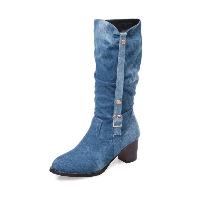 Stiefel Lange Röhre Kurze Winter-jeansstiefel Mit Hohem Absatz Stilvolle Jeansstiefel Für Damen Schnallenriemenschuhe - Blau