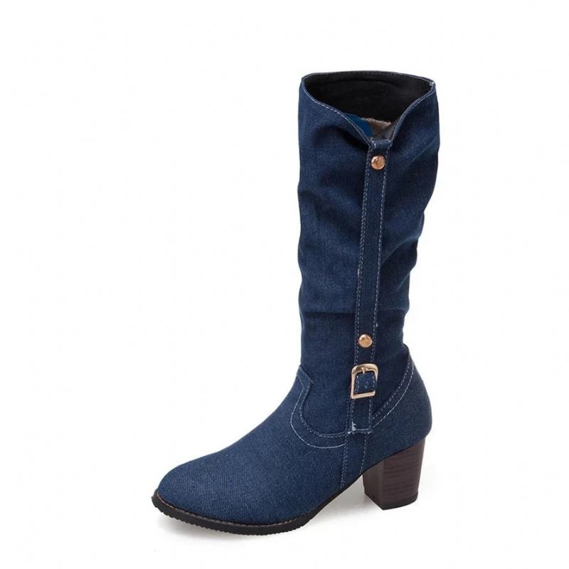 Stiefel Lange Röhre Kurze Winter-jeansstiefel Mit Hohem Absatz Stilvolle Jeansstiefel Für Damen Schnallenriemenschuhe - Blau