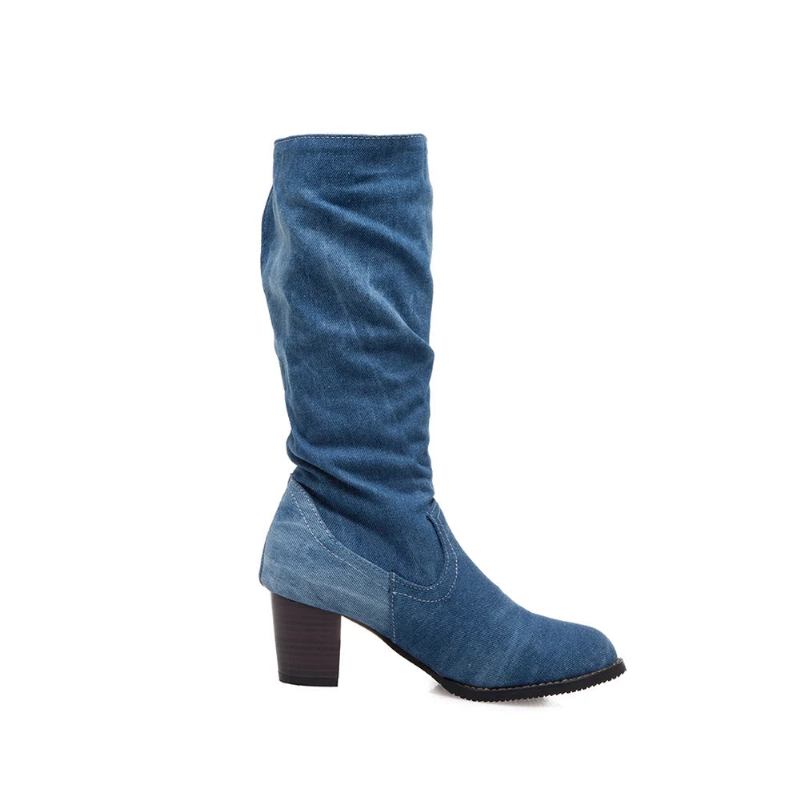 Stiefel Lange Röhre Kurze Winter-jeansstiefel Mit Hohem Absatz Stilvolle Jeansstiefel Für Damen Schnallenriemenschuhe - Blau