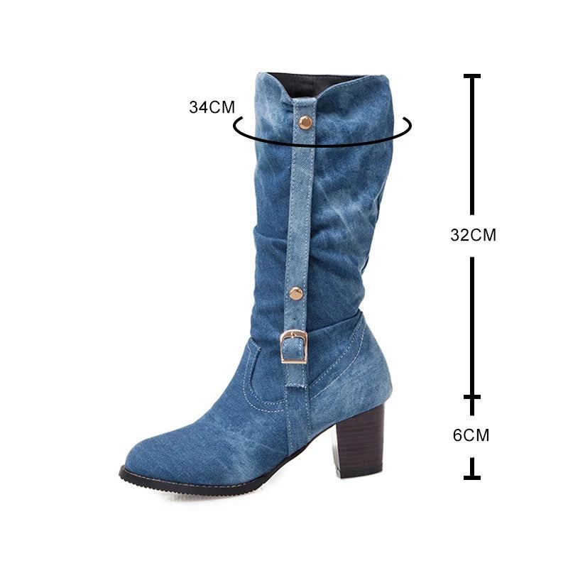 Stiefel Lange Röhre Kurze Winter-jeansstiefel Mit Hohem Absatz Stilvolle Jeansstiefel Für Damen Schnallenriemenschuhe - Blau