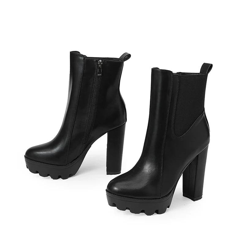 Stiefeletten Für Damen Elastisch Und Mit Klobigem Absatz Runde Spitze Partystiefel Mit Reißverschluss - Schwarz