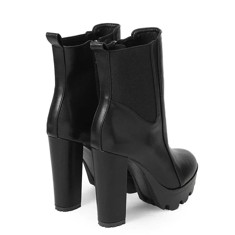 Stiefeletten Für Damen Elastisch Und Mit Klobigem Absatz Runde Spitze Partystiefel Mit Reißverschluss - Schwarz