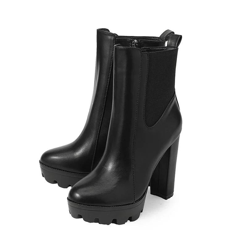 Stiefeletten Für Damen Elastisch Und Mit Klobigem Absatz Runde Spitze Partystiefel Mit Reißverschluss - Schwarz