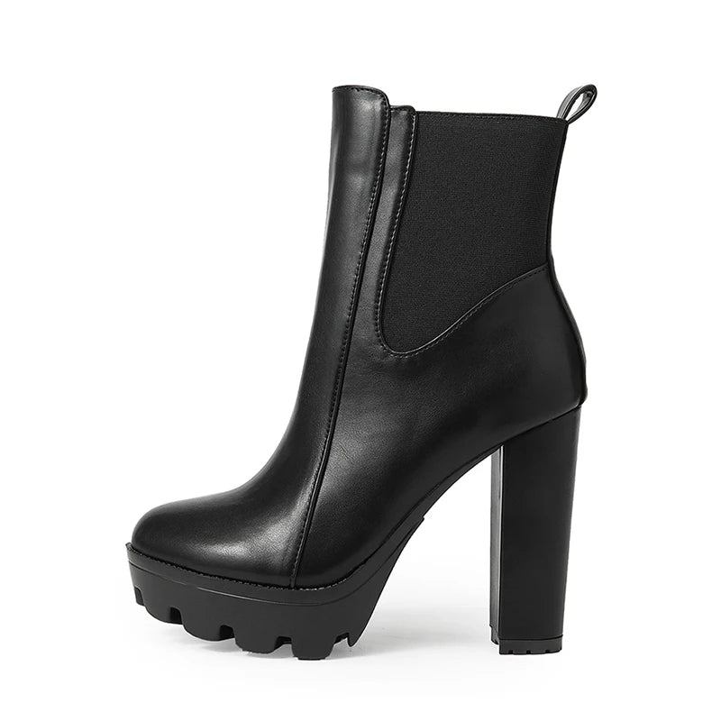 Stiefeletten Für Damen Elastisch Und Mit Klobigem Absatz Runde Spitze Partystiefel Mit Reißverschluss - Schwarz