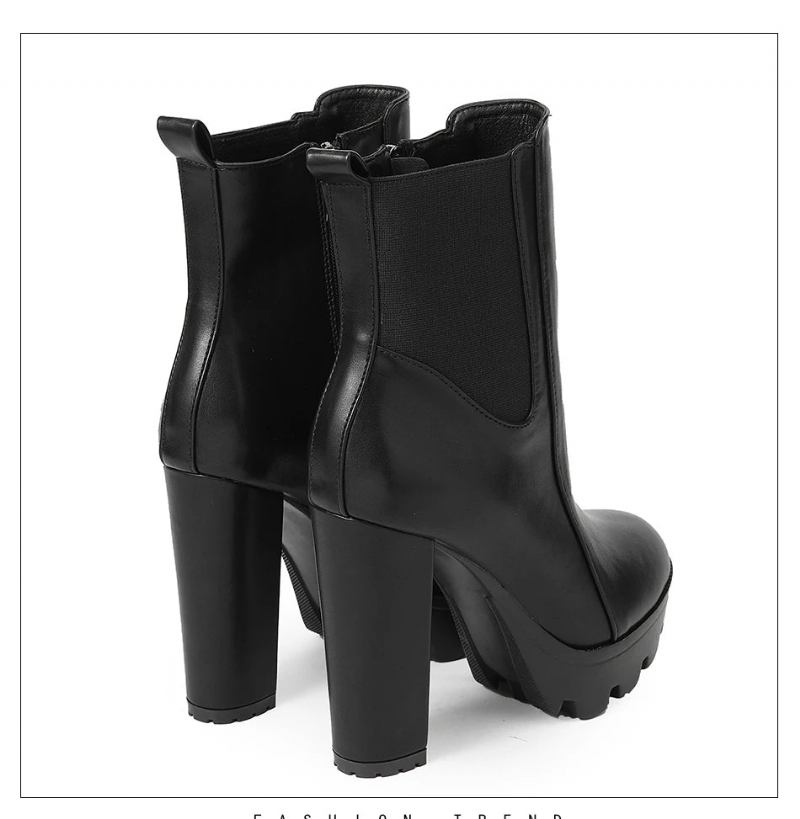 Stiefeletten Für Damen Elastisch Und Mit Klobigem Absatz Runde Spitze Partystiefel Mit Reißverschluss - Schwarz